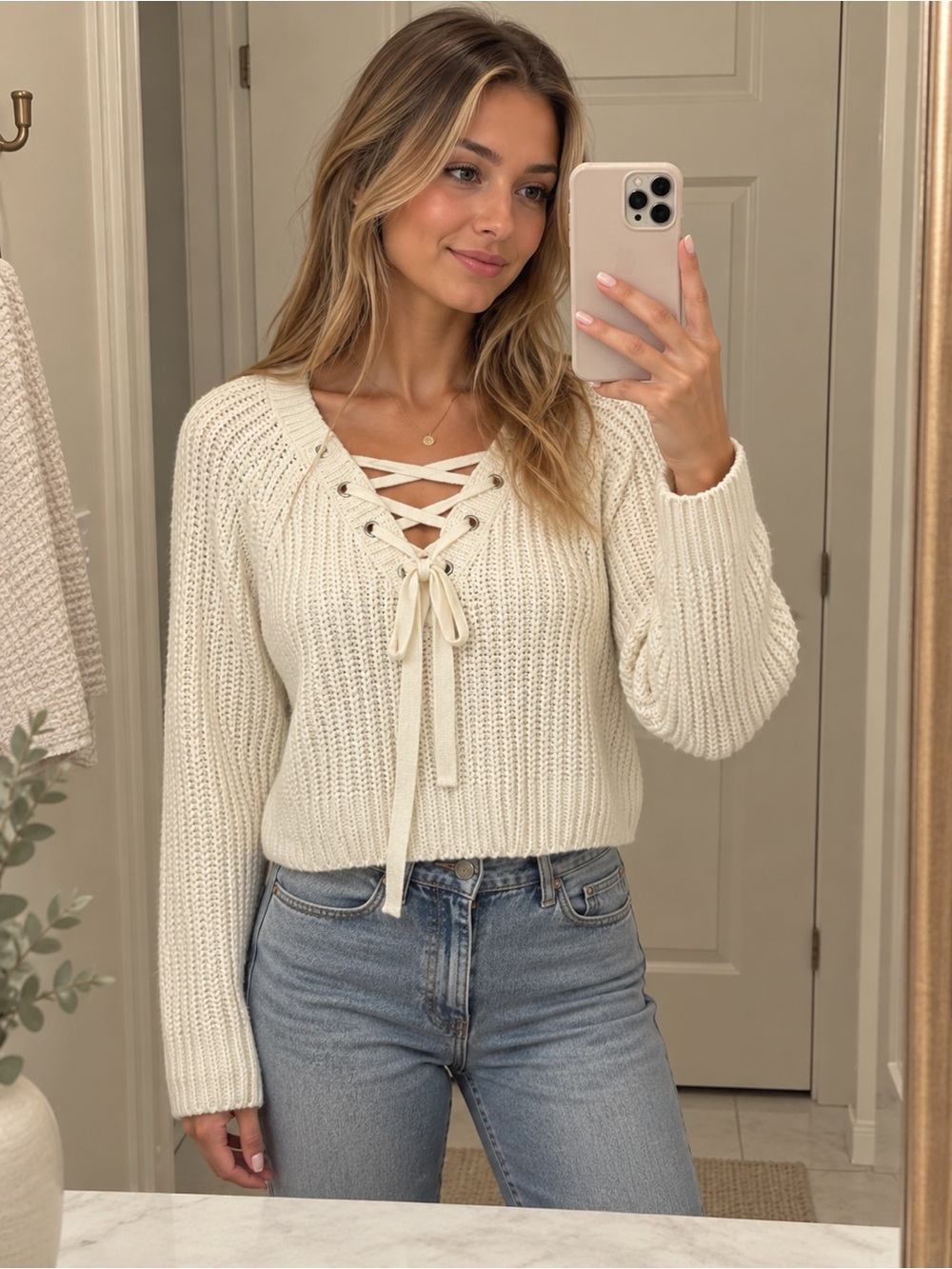 NWT a Kendall & Kylie cropped lace-up knit sweater ivory medium